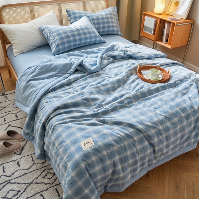 91家纺网 家纺一手货源 找家纺 2025新款A类纯棉水洗棉色织棉花夏被四件套全棉空调被夏凉被 海蓝格