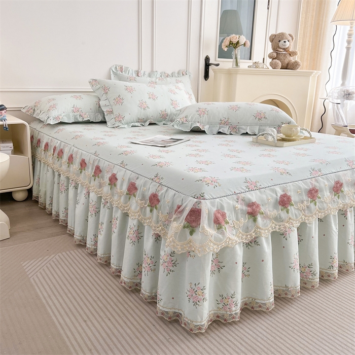 91家纺网 家纺一手货源 找家纺 十个点 2025新款全棉纯棉蕾丝花边床裙四件套 嫣语-兰