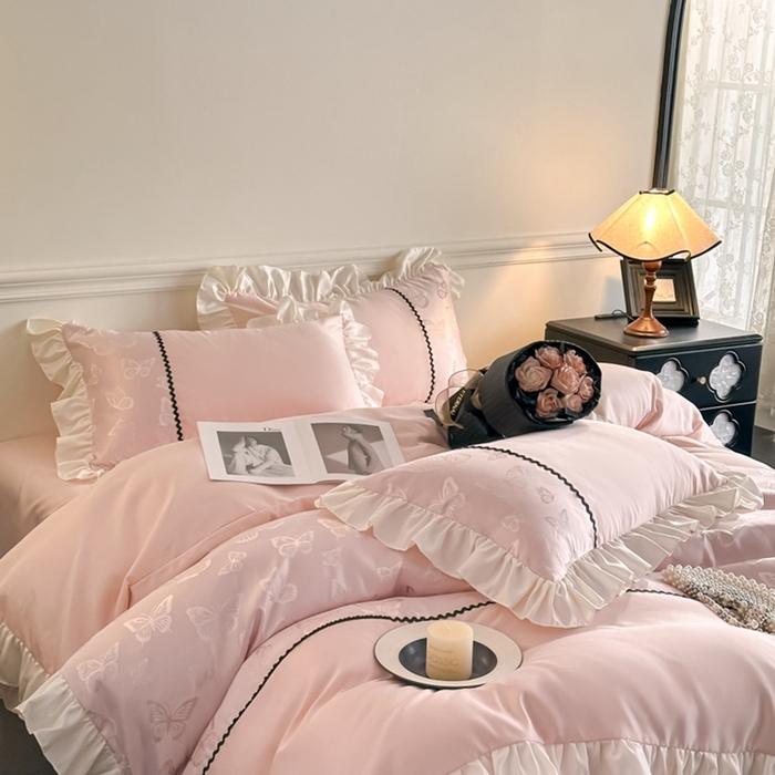 91家纺网 家纺一手货源 找家纺 米彩家纺 2025新款A类水洗真丝亮光浮雕花边四件套 粉香槟