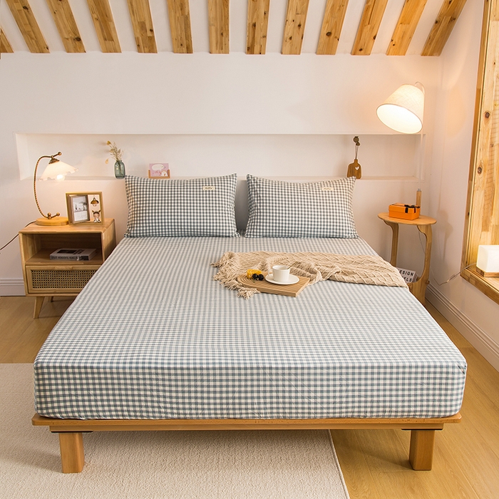 91家纺网 家纺一手货源 找家纺 柠萌家居 2025新款A类全棉色织水洗棉单床笠 浅蓝小格