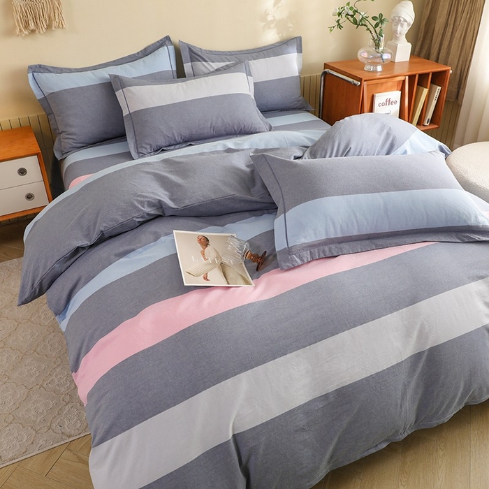 91家纺网 家纺一手货源 找家纺 木易家居 2025新款全棉色织水洗棉四件套海伦-蓝