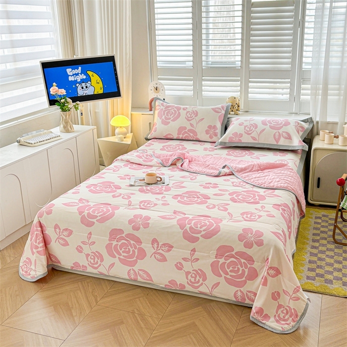 91家纺网 家纺一手货源 找家纺 雯豆2025夏季新品冰丝碳光凉席+凉感丝印花夏被四件套卡通小清新绑带席子四件套 冰丝夏被四件套-温语