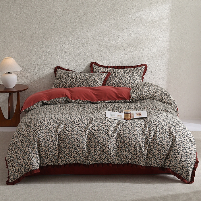 91家纺网 家纺一手货源 找家纺 2025新款A类纯棉双层纱皱皱纱花边四件套（复古风） 虞美人