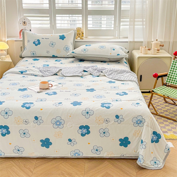 91家纺网 家纺一手货源 找家纺 雯豆2025夏季新品冰丝碳光凉席+凉感丝印花夏被四件套卡通小清新绑带席子四件套 冰丝夏被四件套-漫雨