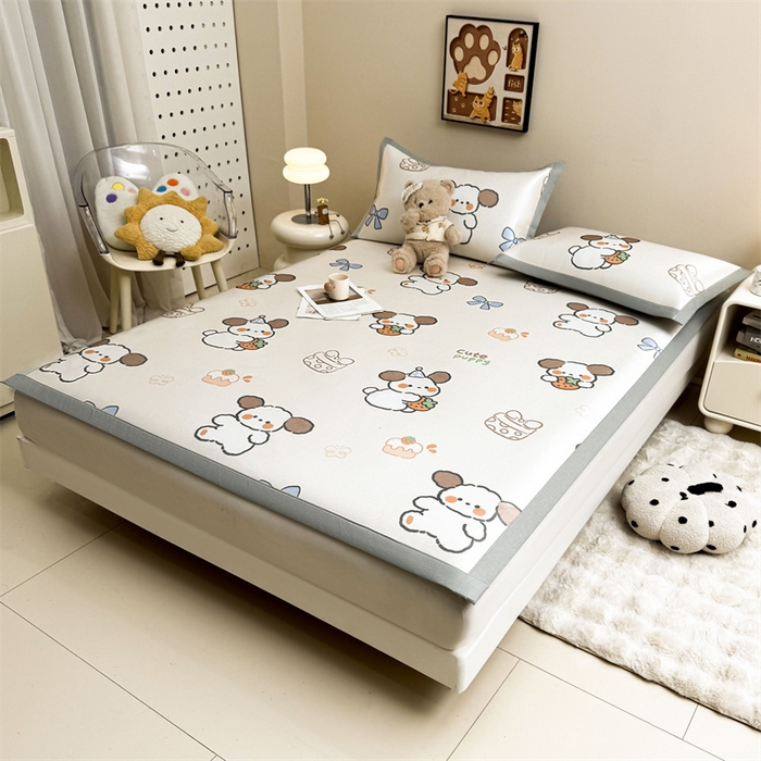 91家纺网 家纺一手货源 找家纺 雯豆2025夏季新品冰藤印花凉席三件套平铺绑带款冰丝凉席三件套 冰藤席-绑带款-熊熊幻想