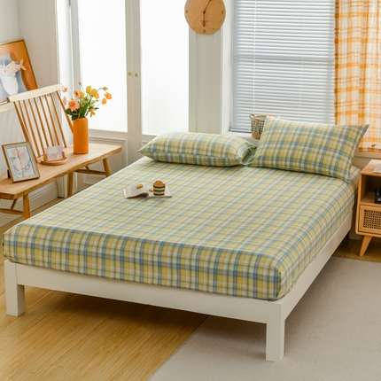 柠萌家居 2025新款A类全棉色织水洗棉单床笠 简爱黄格
