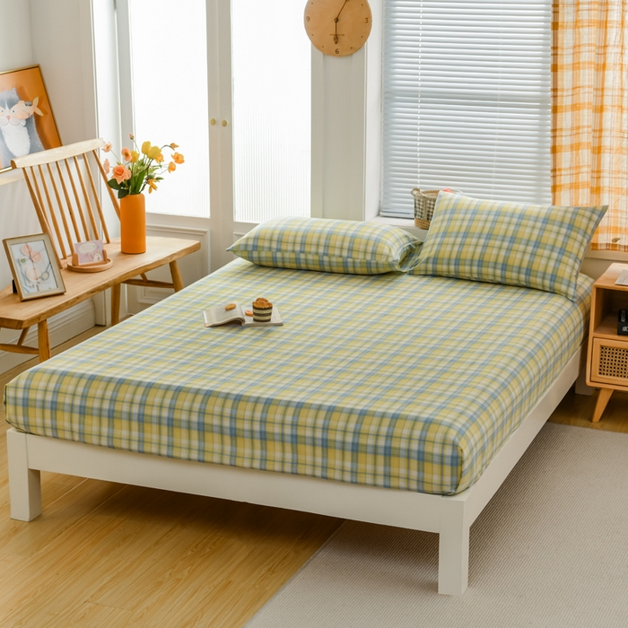 91家纺网 家纺一手货源 找家纺 柠萌家居 2025新款A类全棉色织水洗棉单床笠 简爱黄格