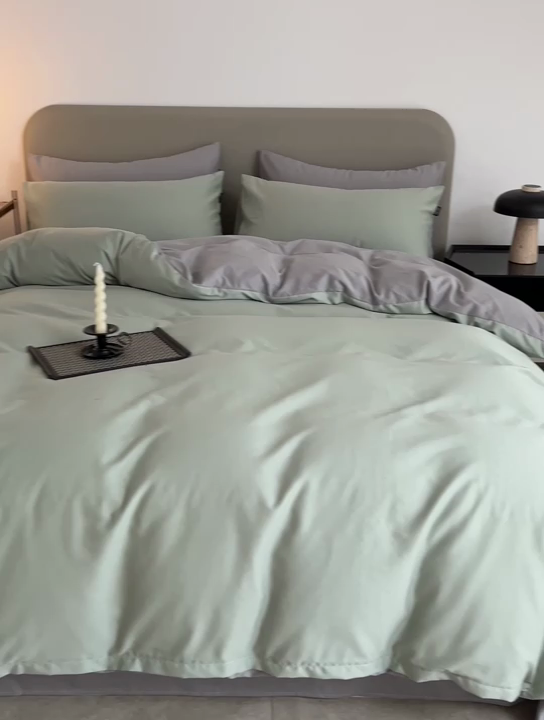 91家纺网 家纺一手货源 找家纺 2025年纯色双拼60支纯棉被套 抹茶绿+浅灰