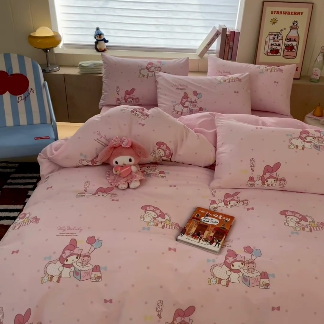 91家纺网 家纺一手货源 找家纺 博雅 2025新款三丽鸥卡通全棉印花小版四件套 粉色点点美乐蒂