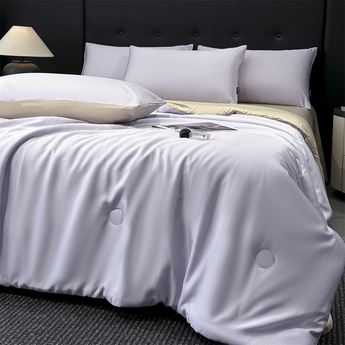 91家纺网 家纺一手货源 找家纺 金鹰 2025新款A类莱赛尔50天丝拼色空调被大豆夏被四件套 优雅紫