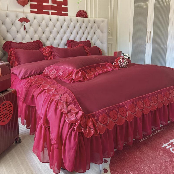 91家纺网 家纺一手货源 找家纺 （总）亲亲公主 2025新款100S全棉长绒棉蕾丝双喜大红婚庆套件（送蝴蝶结）