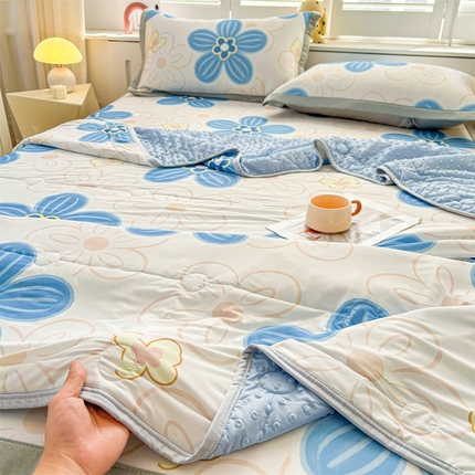 雯豆2025夏季新品冰丝碳光凉席+凉感丝印花夏被四件套卡通小清新绑带席子四件套 冰丝夏被四件套-艾夏