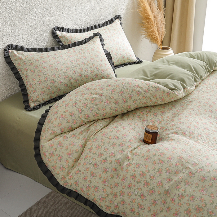 91家纺网 家纺一手货源 找家纺 2025新款A类纯棉双层纱皱皱纱花边四件套（复古风） 清逸