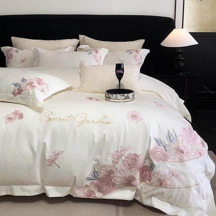 91家纺网 家纺一手货源 找家纺 2025新款高支高密全棉50s长绒棉绣花刺绣款纯棉四件套高端简奢直播礼盒装