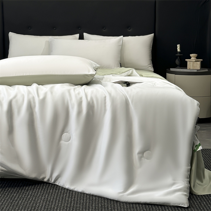 91家纺网 家纺一手货源 找家纺 金鹰 2025新款A类莱赛尔50天丝拼色空调被大豆夏被四件套 珍珠白