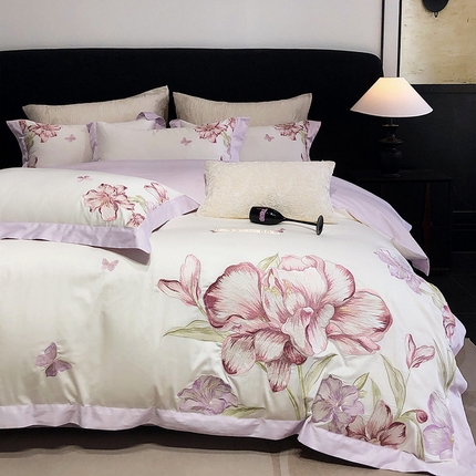 91家纺网 家纺一手货源 找家纺 2025新款高支高密全棉50s长绒棉绣花刺绣款纯棉四件套高端简奢直播礼盒装