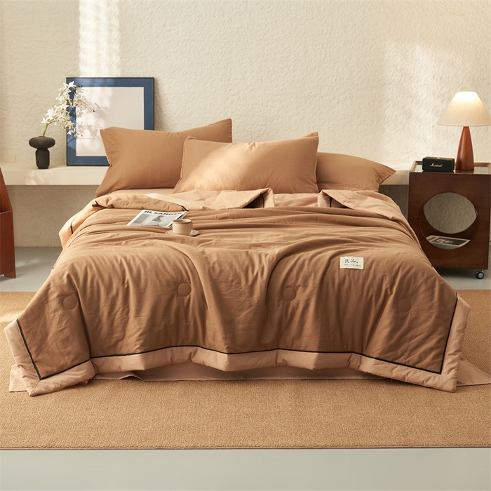 91家纺网 家纺一手货源 找家纺 2025新款新款A类纯棉双层纱大豆夏被四件套全棉空调被 咖啡色