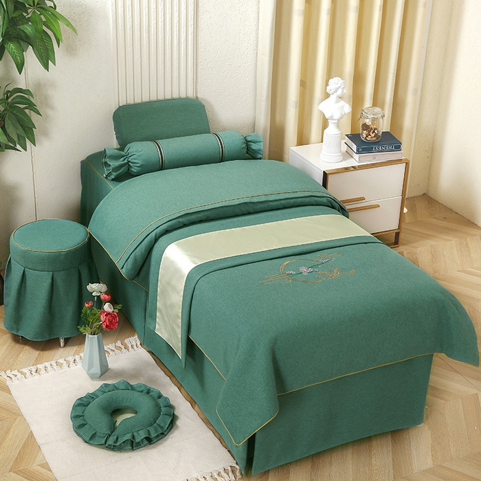 91家纺网 家纺一手货源 找家纺 芙怡 2025春夏新款8023款棉麻绒美 容床罩-花颜系列 花颜-墨绿