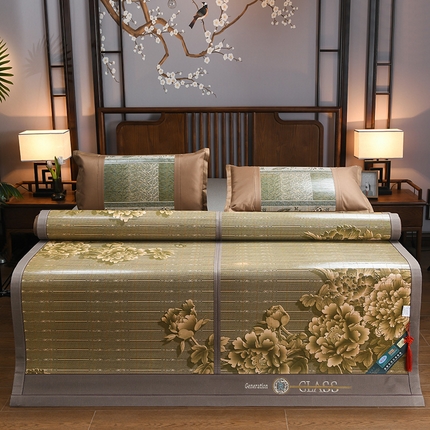 苏迪凉席竹席2025新款竹席凉席冰丝席碳化双面印花藤草席 富贵花开-浅绿