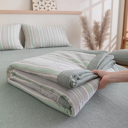 吾诺 2025 全棉色织泡泡棉双层纱夏被大豆夏被全棉夏被四件套被子被芯 绿灰条