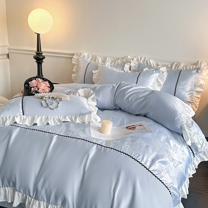 91家纺网 家纺一手货源 找家纺 米彩家纺 2025新款A类水洗真丝亮光浮雕花边四件套 天兰