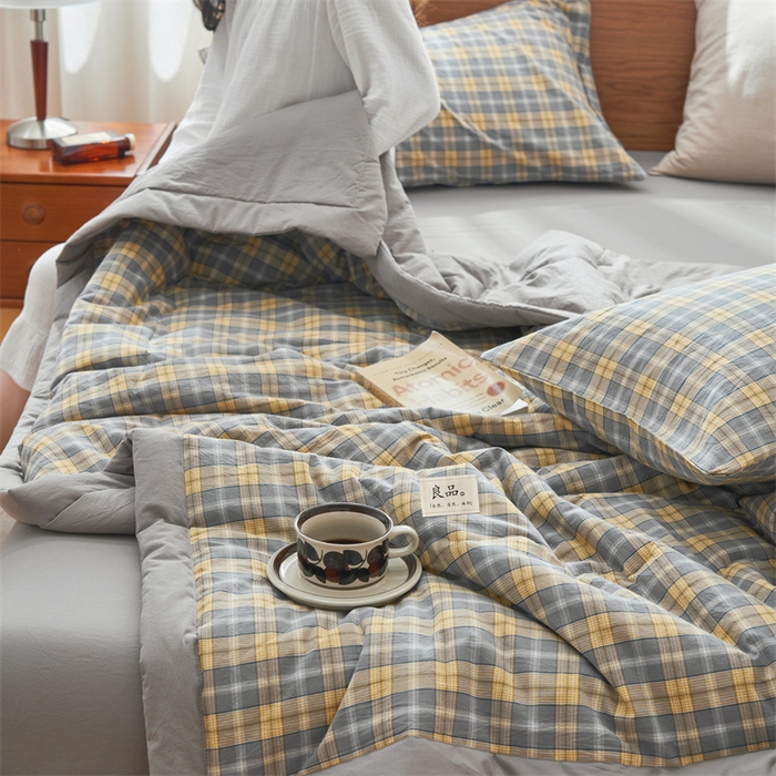 91家纺网 家纺一手货源 找家纺 2025新款A类纯棉水洗棉色织棉花夏被四件套全棉空调被夏凉被 马丁-灰