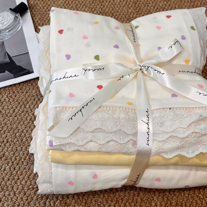 91家纺网 家纺一手货源 找家纺 荣轩家居 2025新款全棉双层纱镂空花边工艺款四件套橘子海盐