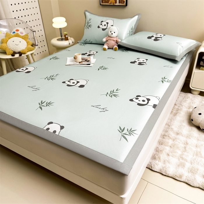 91家纺网 家纺一手货源 找家纺 雯豆2025夏季新品冰藤印花凉席三件套平铺绑带款冰丝凉席三件套 冰藤席-绑带款-熊猫花花