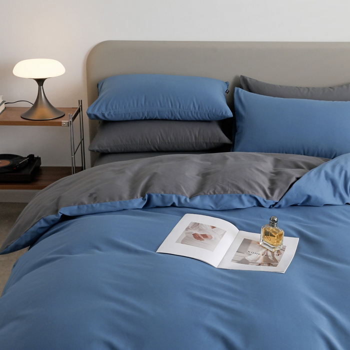 91家纺网 家纺一手货源 找家纺 2025年纯色双拼60支纯棉被套 布鲁蓝+深灰