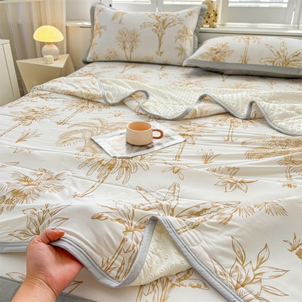 雯豆2025夏季新品冰丝碳光凉席+凉感丝印花夏被四件套卡通小清新绑带席子四件套 冰丝夏被四件套-千枝叶