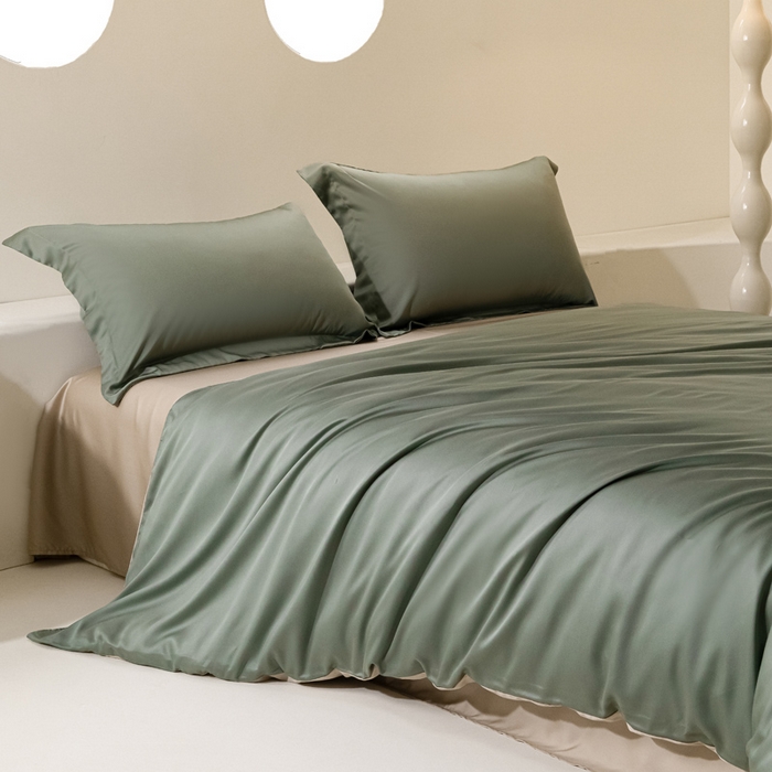 91家纺网 家纺一手货源 找家纺 涵宸家纺 2025新款天丝-天丝棉-纯色四件套-场景2 赛琳绿+奶茶杏