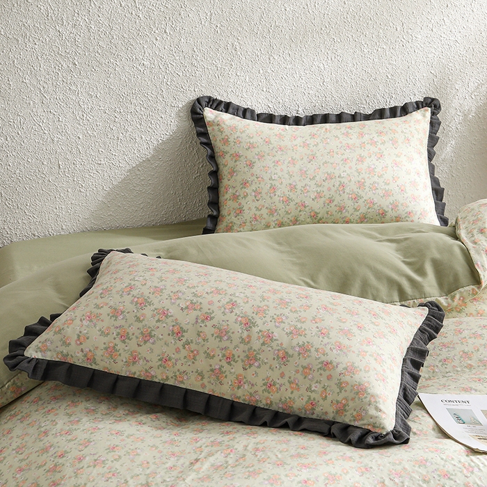 91家纺网 家纺一手货源 找家纺 2025新款A类纯棉双层纱皱皱纱花边四件套（复古风） 清逸