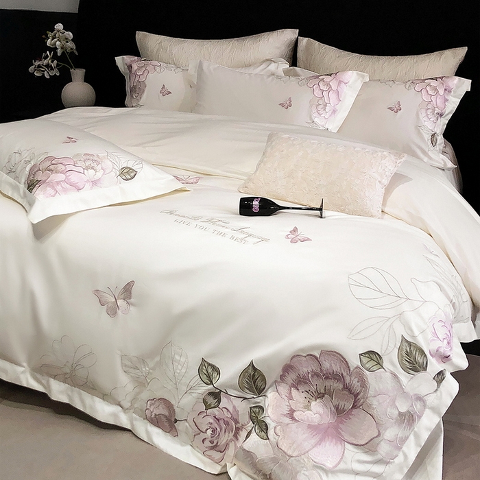 91家纺网 家纺一手货源 找家纺 2025新款全棉50s绣花刺绣款四件套 花拾-白