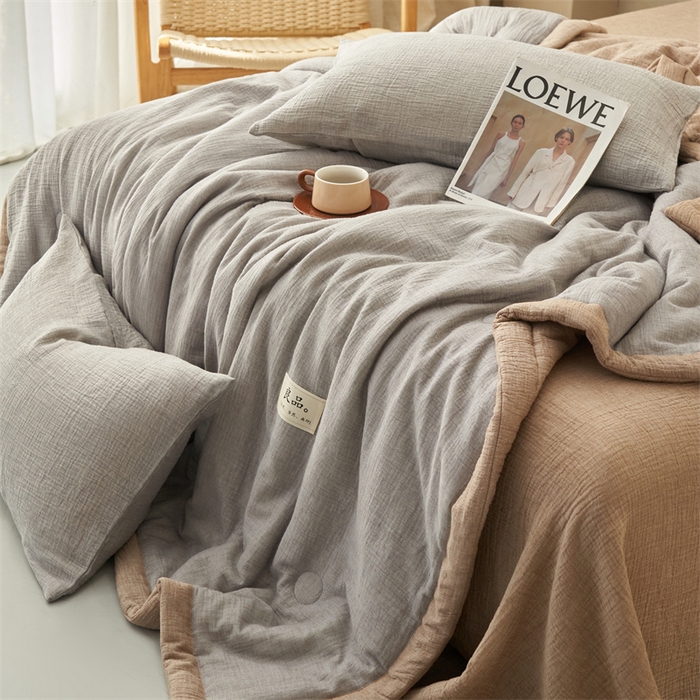 91家纺网 家纺一手货源 找家纺 金鹰2025新款A类纯棉皱皱纱大豆夏被四件套全棉夏凉被空调被 皱皱纱-浅灰