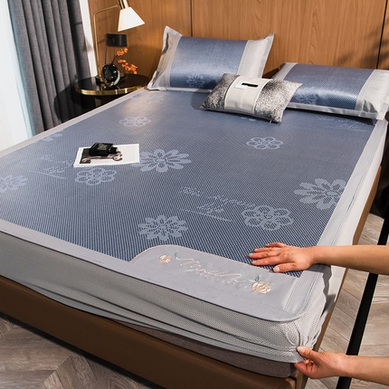 摩妮卡 2025新款刺绣双面冰藤席床笠款三件套 缦悦蓝