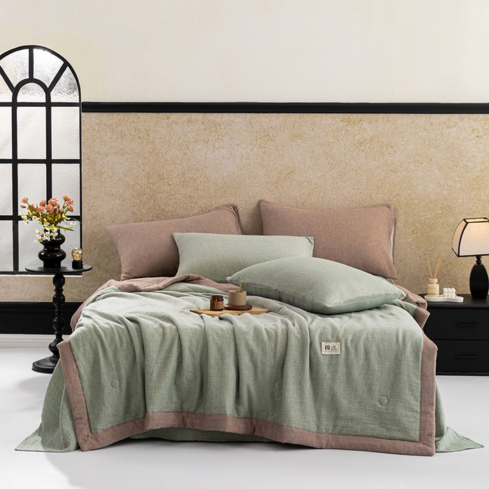 91家纺网 家纺一手货源 找家纺 吾诺 2025 纯色全棉泡泡双层纱夏被大豆夏被子被芯夏被四件套夏凉被空调被 森林绿