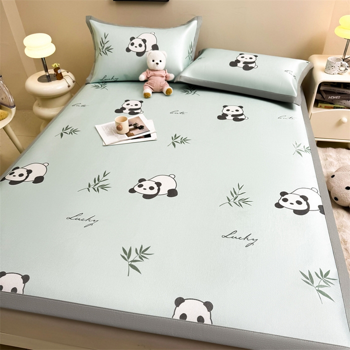 91家纺网 家纺一手货源 找家纺 雯豆2025夏季新品冰藤印花凉席三件套平铺绑带款冰丝凉席三件套 冰藤席-绑带款-熊猫花花