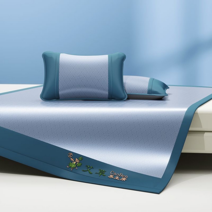 91家纺网 家纺一手货源 找家纺 2025新款艾草养生席凉席冰丝席-饼干花系列 冰川蓝-床席