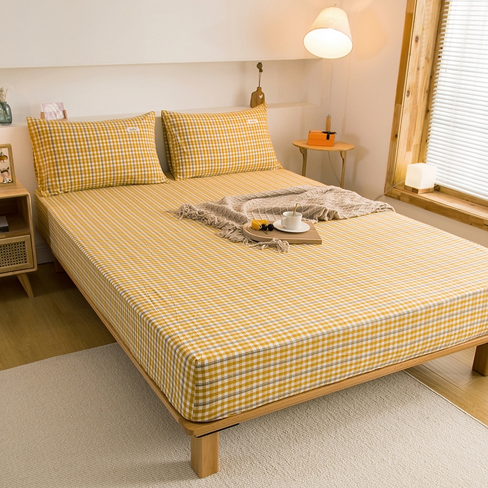 91家纺网 家纺一手货源 找家纺 柠萌家居 2025新款A类全棉色织水洗棉单床笠 姜黄小格