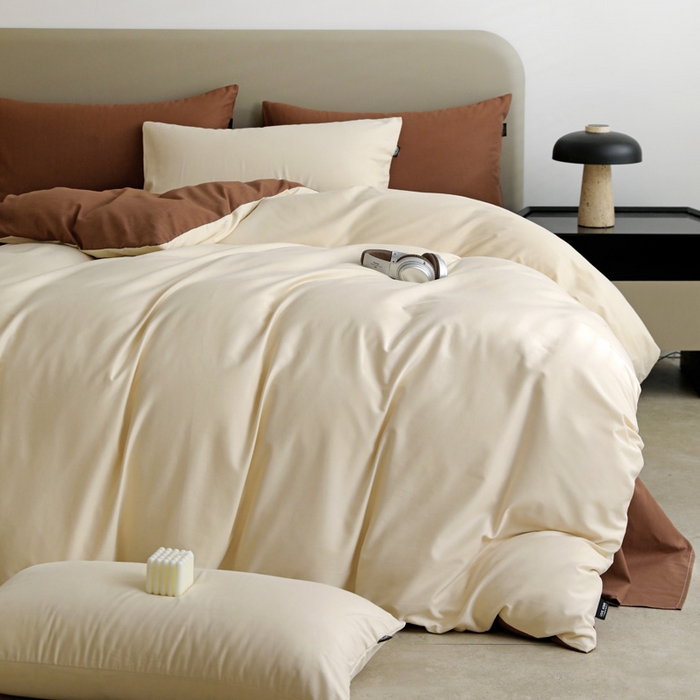 91家纺网 家纺一手货源 找家纺 2025年纯色双拼60支纯棉被套 奶白+亚麻咖