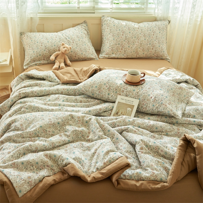 91家纺网 家纺一手货源 找家纺 金鹰 2025新款A类纯棉双层纱大豆夏被四件套全棉夏凉被空调被 花海