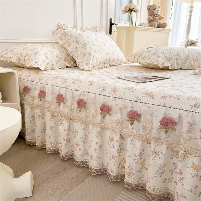 91家纺网 家纺一手货源 找家纺  十个点 2025新款全棉纯棉蕾丝花边床裙 花小莱-粉