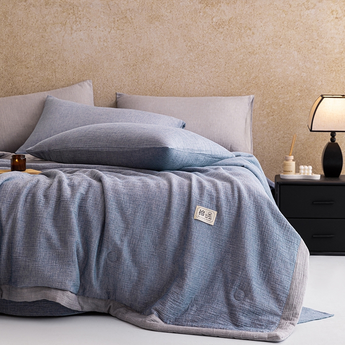 91家纺网 家纺一手货源 找家纺 吾诺 2025 纯色全棉泡泡双层纱夏被大豆夏被子被芯夏被四件套夏凉被空调被 复古蓝