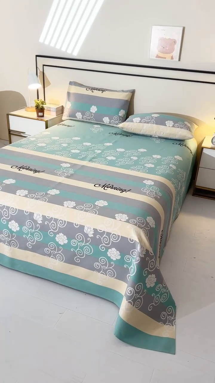 91家纺网 家纺一手货源 找家纺 望淮家纺 2025新款老粗布凉席床单三件套 早安绿