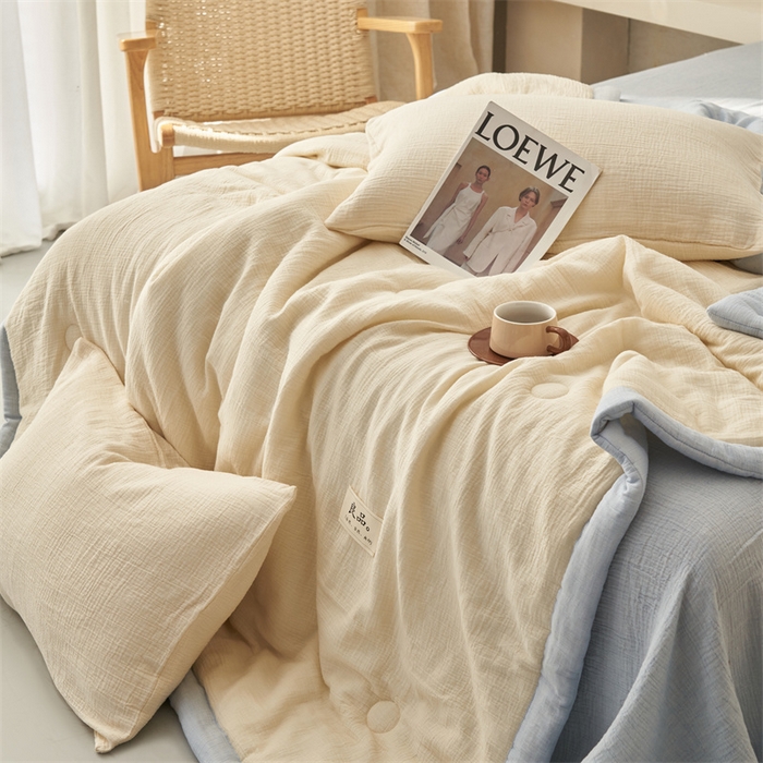 91家纺网 家纺一手货源 找家纺 金鹰2025新款A类纯棉皱皱纱大豆夏被四件套全棉夏凉被空调被 皱皱纱-米黄