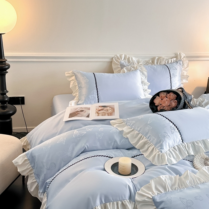 91家纺网 家纺一手货源 找家纺 米彩家纺 2025新款A类水洗真丝亮光浮雕花边四件套 天兰