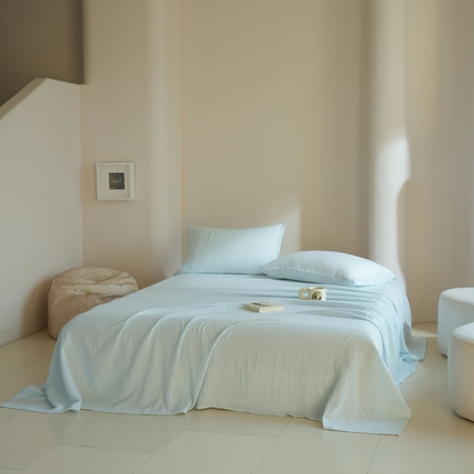 简纯主义 2025新款全棉有机雾感纱双层皱皱纱系列单床单蓝云