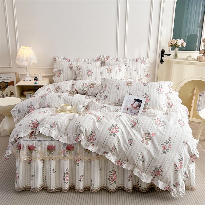 91家纺网 家纺一手货源 找家纺 十个点 2025新款全棉纯棉蕾丝花边床裙四件套 米朵熊