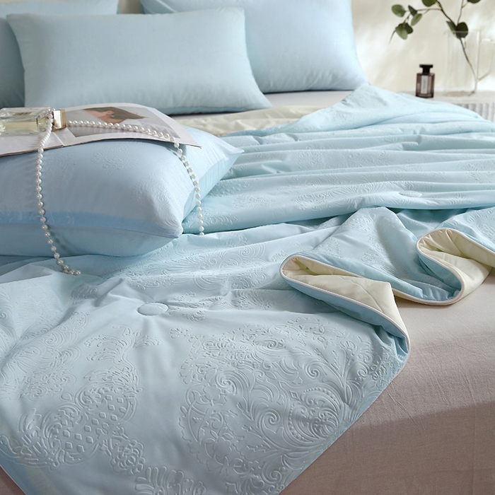 91家纺网 家纺一手货源 找家纺 品乐家纺 2025新款凉感A类可水洗抗菌冰冰被夏被夏凉被空调被被子被芯 冰冰被蓝纹+米