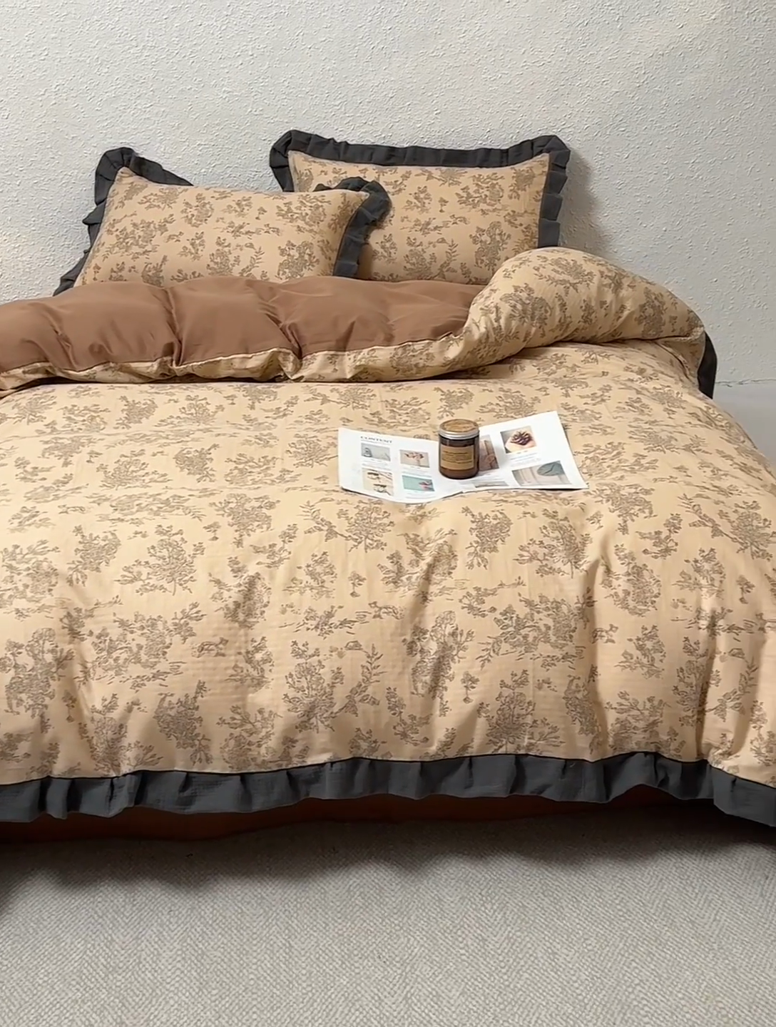 91家纺网 家纺一手货源 找家纺 2025新款A类纯棉双层纱皱皱纱花边四件套（复古风） 烟雨江南-咖